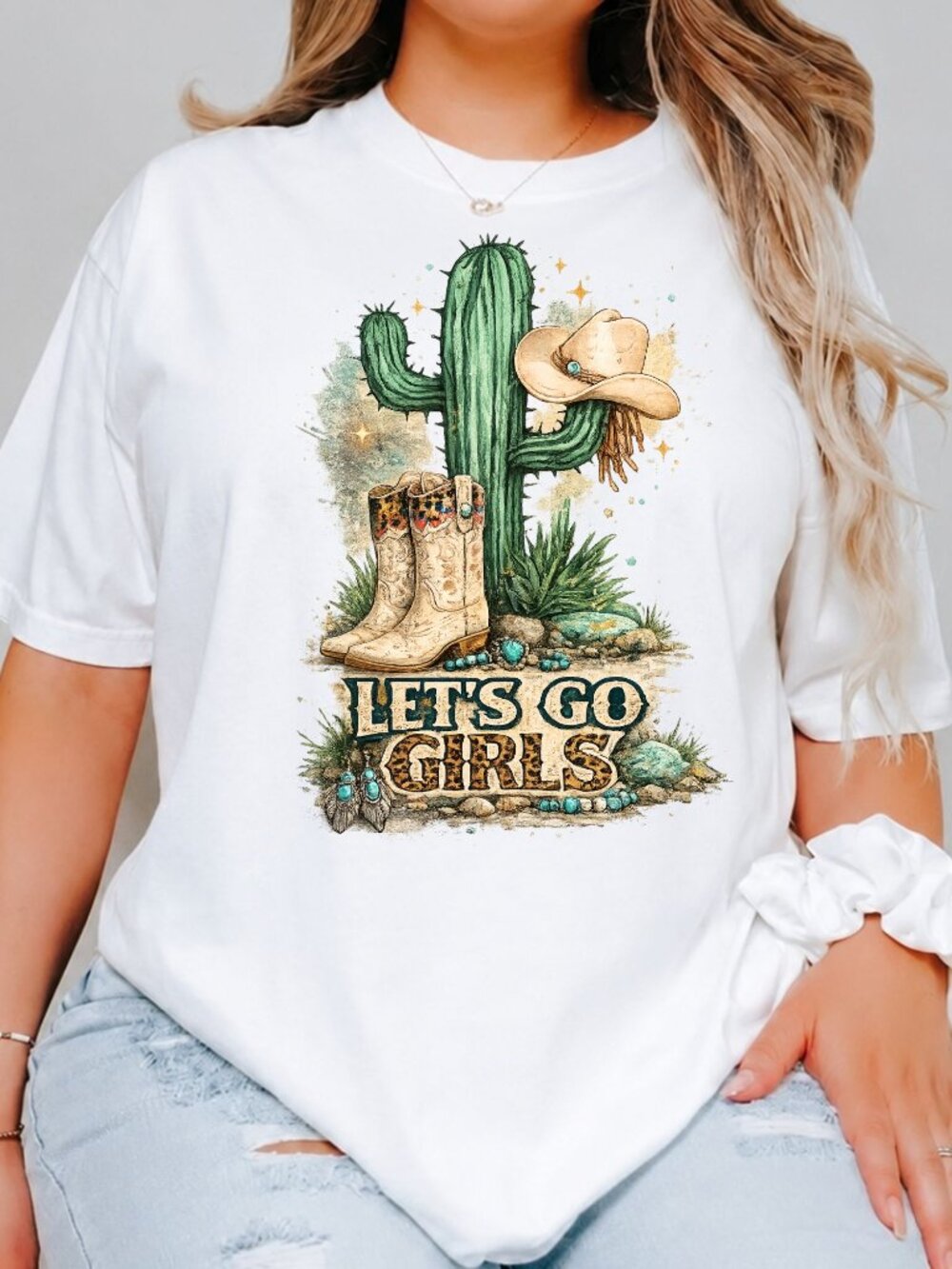 Let's Go Girls Cactus Cowboy Boots Graphic T-Shirt Womens Country Western Tee